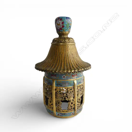 ORIENTAL BRASS & CLOISONNE LIDDED LANTERN of hexagonal panelled circular pagoda form. H,380mm. 