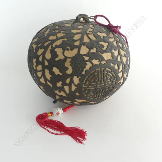 ANTIQUE CHINESE BRONZE & SILK HANGING LANTERN  DIA 340MM