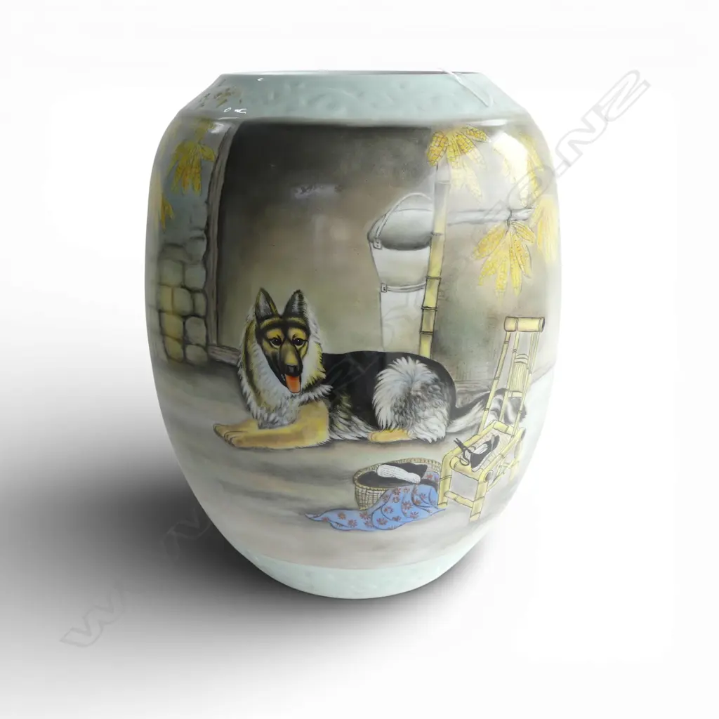 *RTV* MODERN LGE CHINESE PORCELAIN FINELY PAINTED OVOID VASE ALSATIAN DOG on porch w chair & basket H.410mm Image 1++