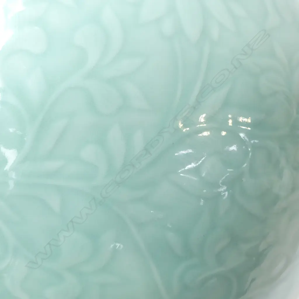 CHINESE PORCELAIN LGE SQUAT OVOID Thai style celadon glaze over cut scrolling pattern. Blue character marks. H.275mm Image 1++