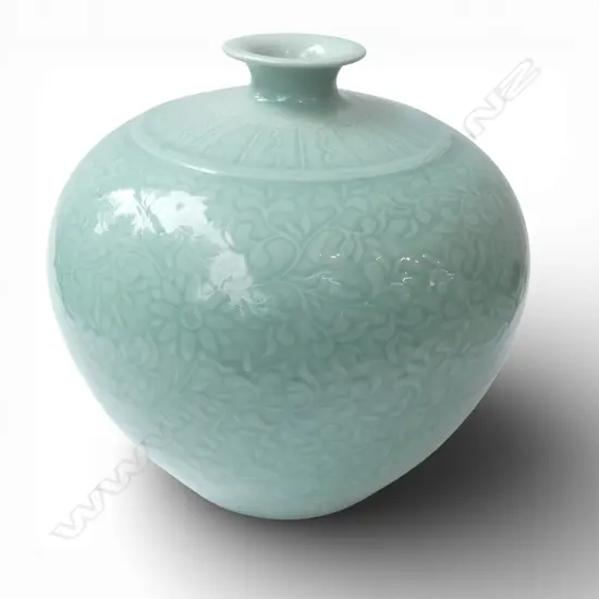 CHINESE PORCELAIN LGE SQUAT OVOID Thai style celadon glaze over cut scrolling pattern. Blue character marks. H.275mm