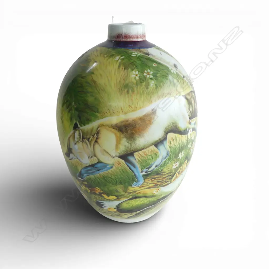 MODERN LGE CHINESE PORCELAIN FINELY PAINTED OVOID VASE WOLF IN LANDSCAPE H.360mm Image 1++