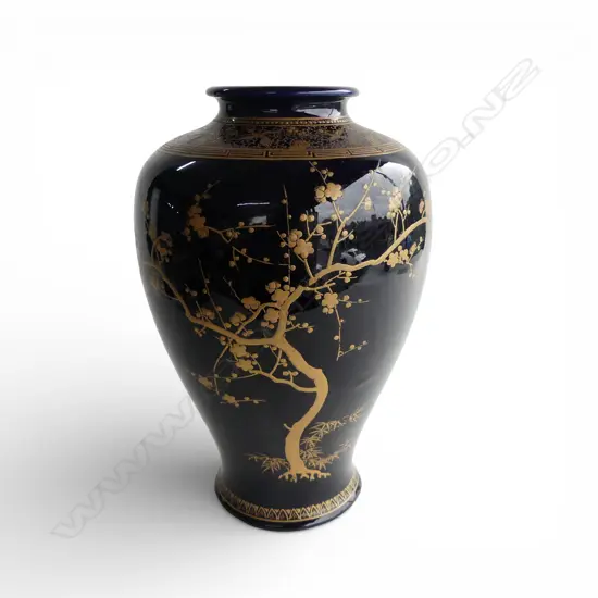 OLD MEIJI JAPANESE SATSUMA BLUE VASE w gold painted blossom restrained decoration. Phoenix to the top border. H.300mm