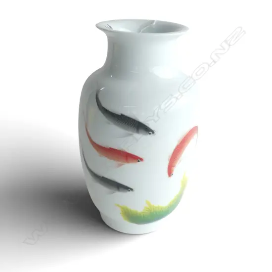 CHINESE PORCELAIN BALUSTER OVOID VASE RED & BLACK GOLDFISH w calligraphy H.330mm