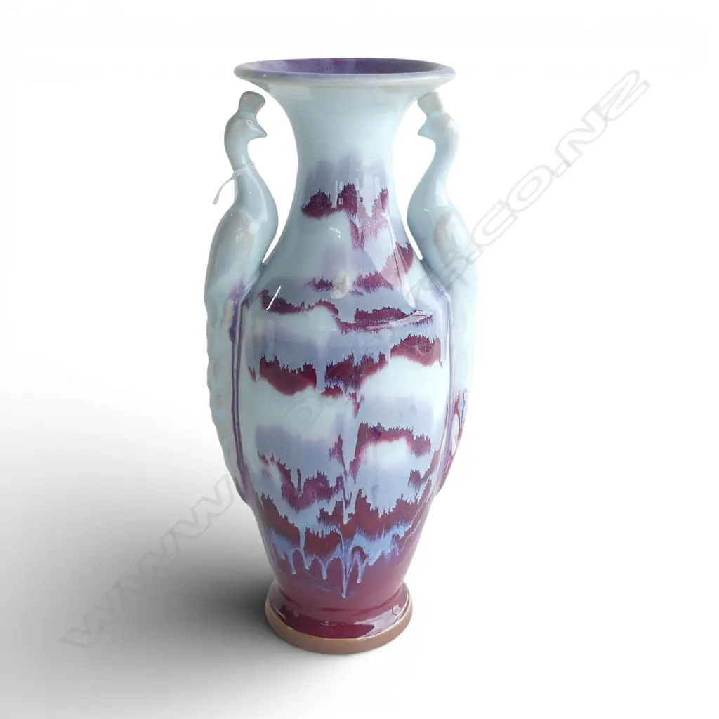 MODERN CHINESE SONG STYLE FLAMBE jun ware VASE W PEACOCK HANDLES. H.375mm Image 1++