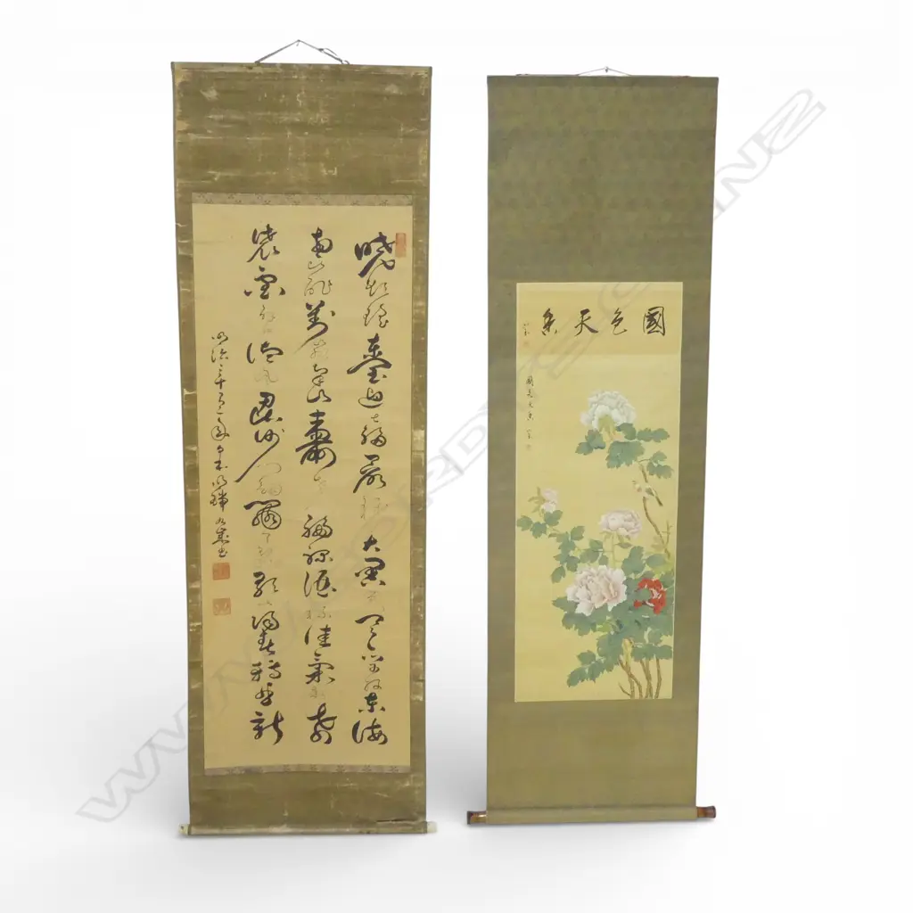 2 ORIENTAL HANDPAINTED SCROLLS: floral & bird + calligraphy Image 1++