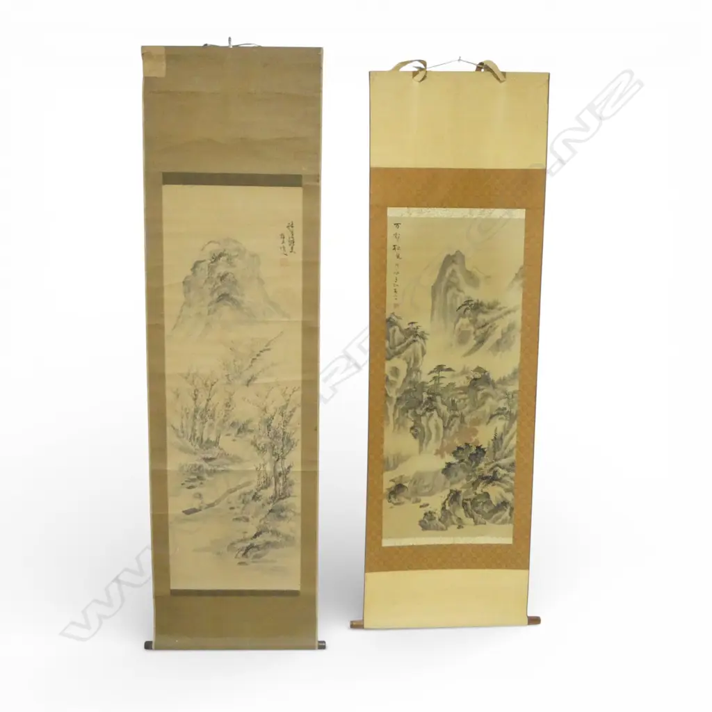 2 ORIENTAL HANDPAINTED SCROLLS: mountainous landscape scenes Image 1++