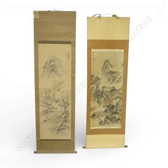 2 ORIENTAL HANDPAINTED SCROLLS: mountainous landscape scenes