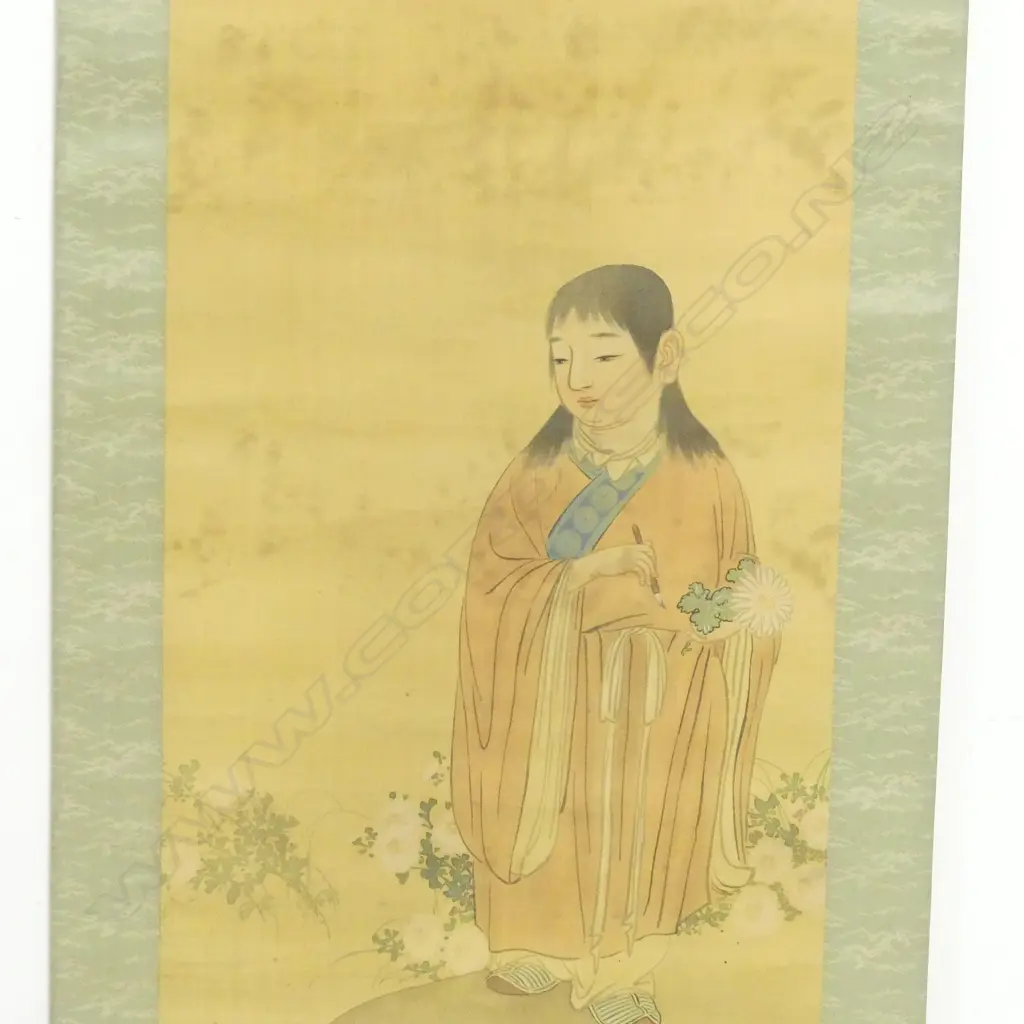 2 VINTAGE JAPANESE HANDPAINTED SCROLLS: Woman w artist's brush + horses Image 1++