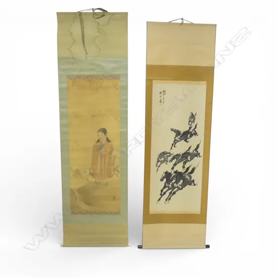 2 VINTAGE JAPANESE HANDPAINTED SCROLLS: Woman w artist's brush + horses