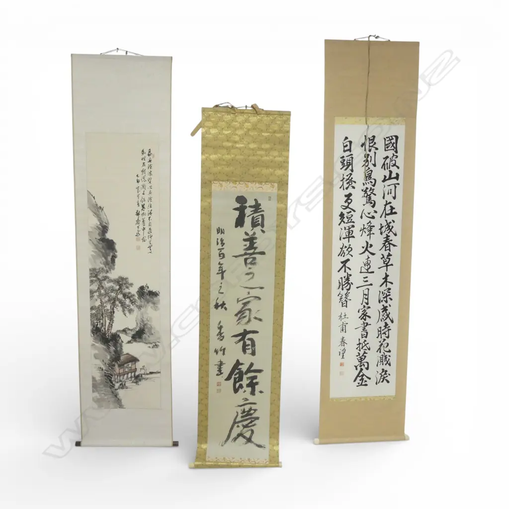 3 ORIENTAL HANDPAINTED SCROLLS: pine tree & mountainous landscape + 2 calligraphy Image 1++