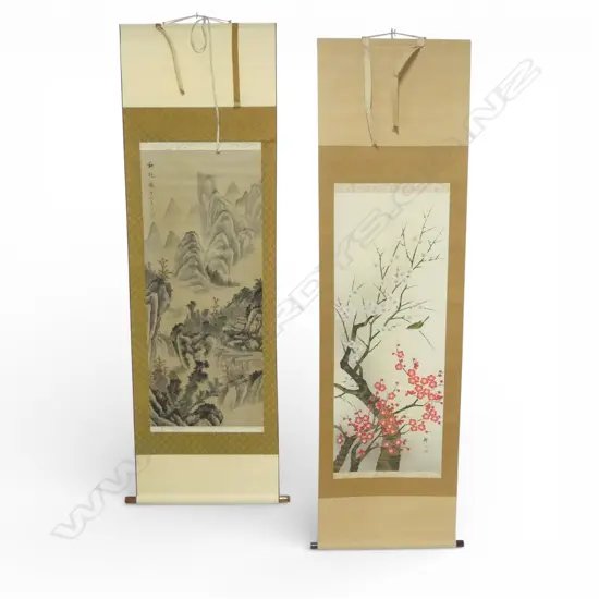 2 ORIENTAL HANDPAINTED SCROLLS: mountainous landscape & blossom scenes