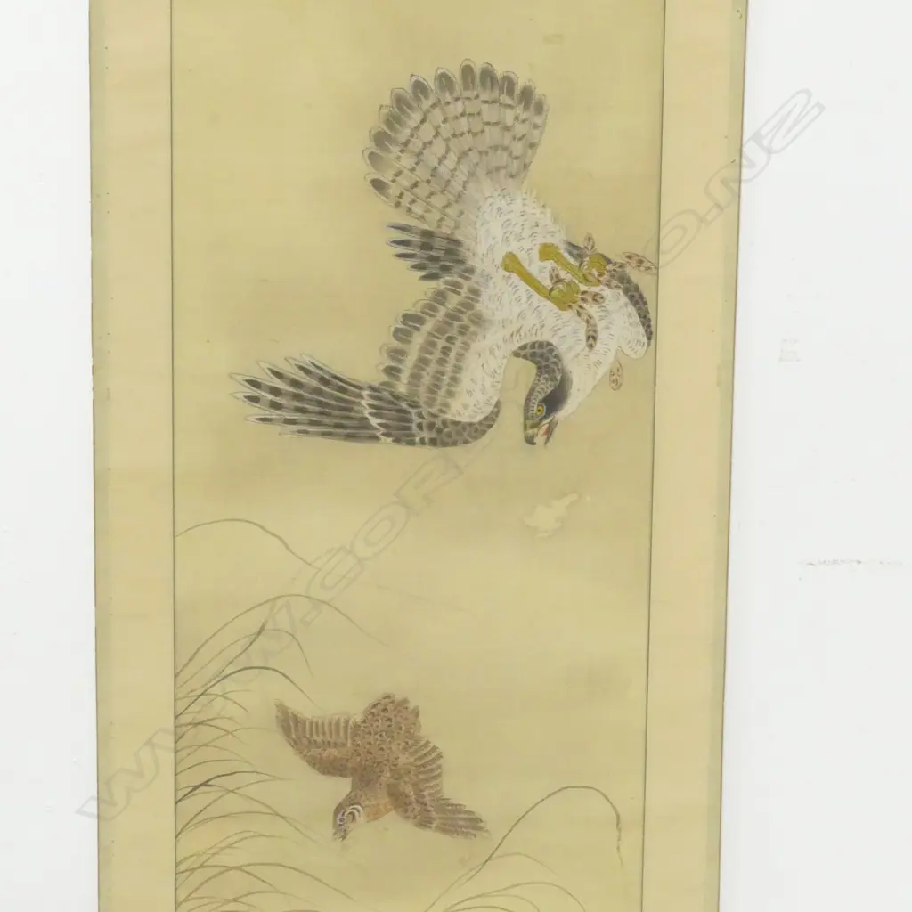VINTAGE JAPANESE HANDPAINTED SCROLL hawk chasing bird. Minor faults. L.900mm Image 1++