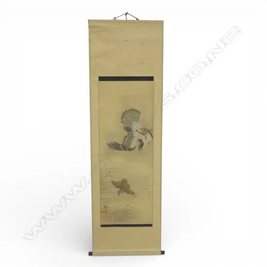 VINTAGE JAPANESE HANDPAINTED SCROLL hawk chasing bird. Minor faults. L.900mm