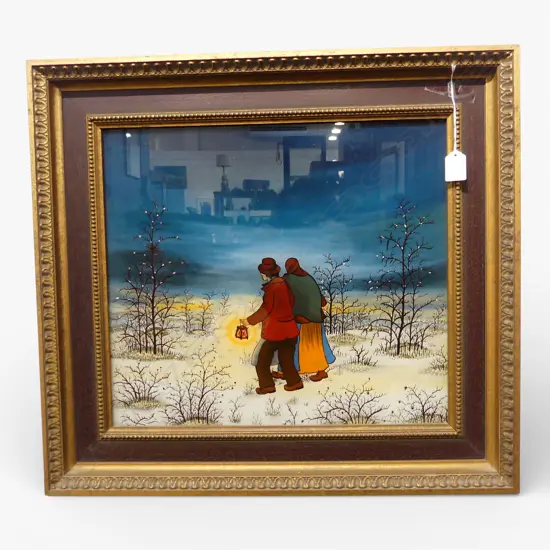 IVAN LACKOVIC WINTER LANDSCAPE OIL ON GLASS 380 X 430mm