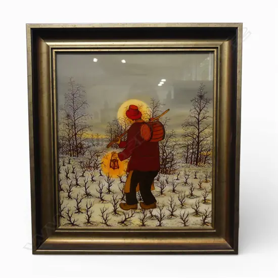 IVAN LACKOVIC (CROATIAN) TRAVELLER WITH LAMP OIL ON GLASS 430 X 385MM