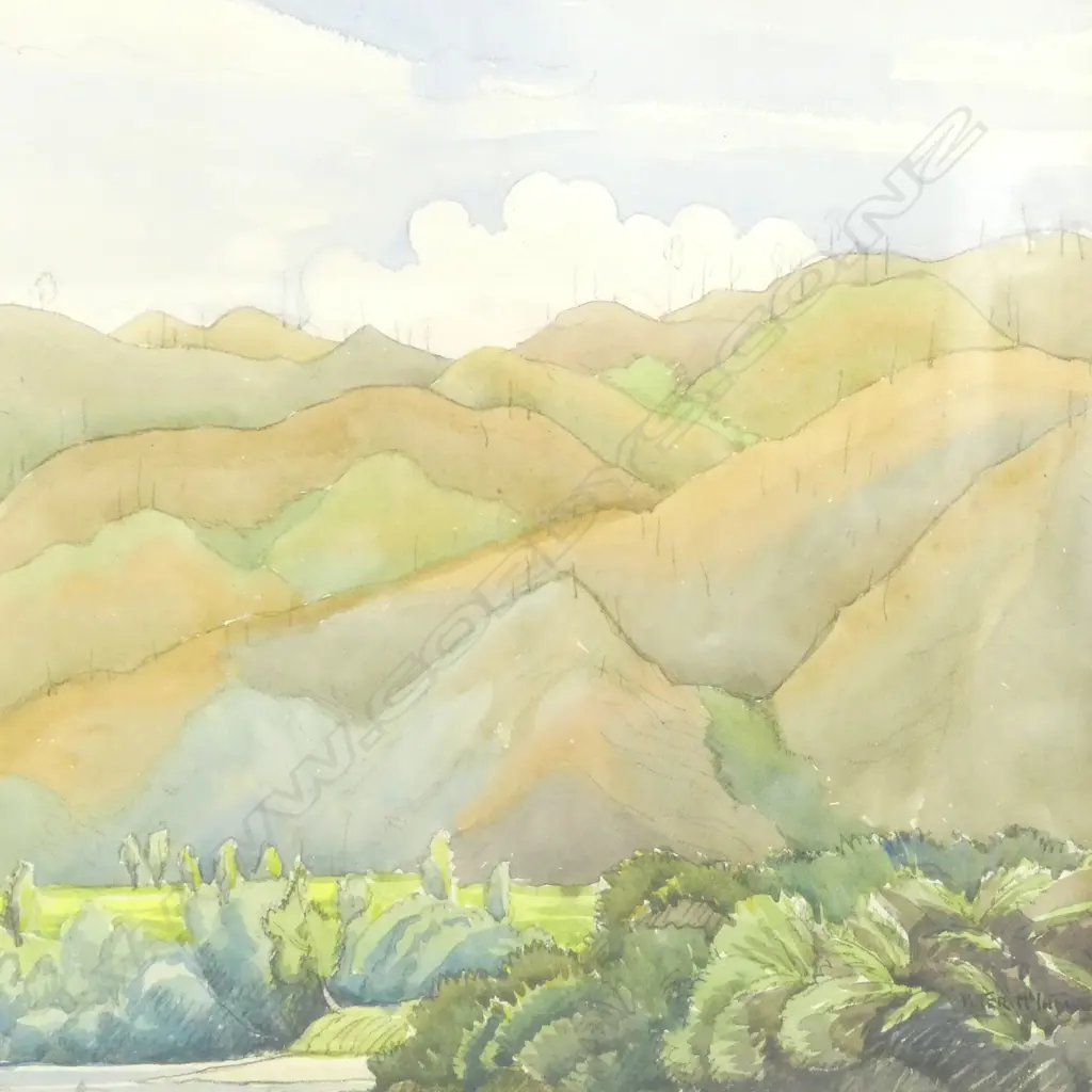 WATERCOLOUR RIVER & HILLY LANDSCAPE signed but not Peter McIntyre 250 x 350mm Image 1++