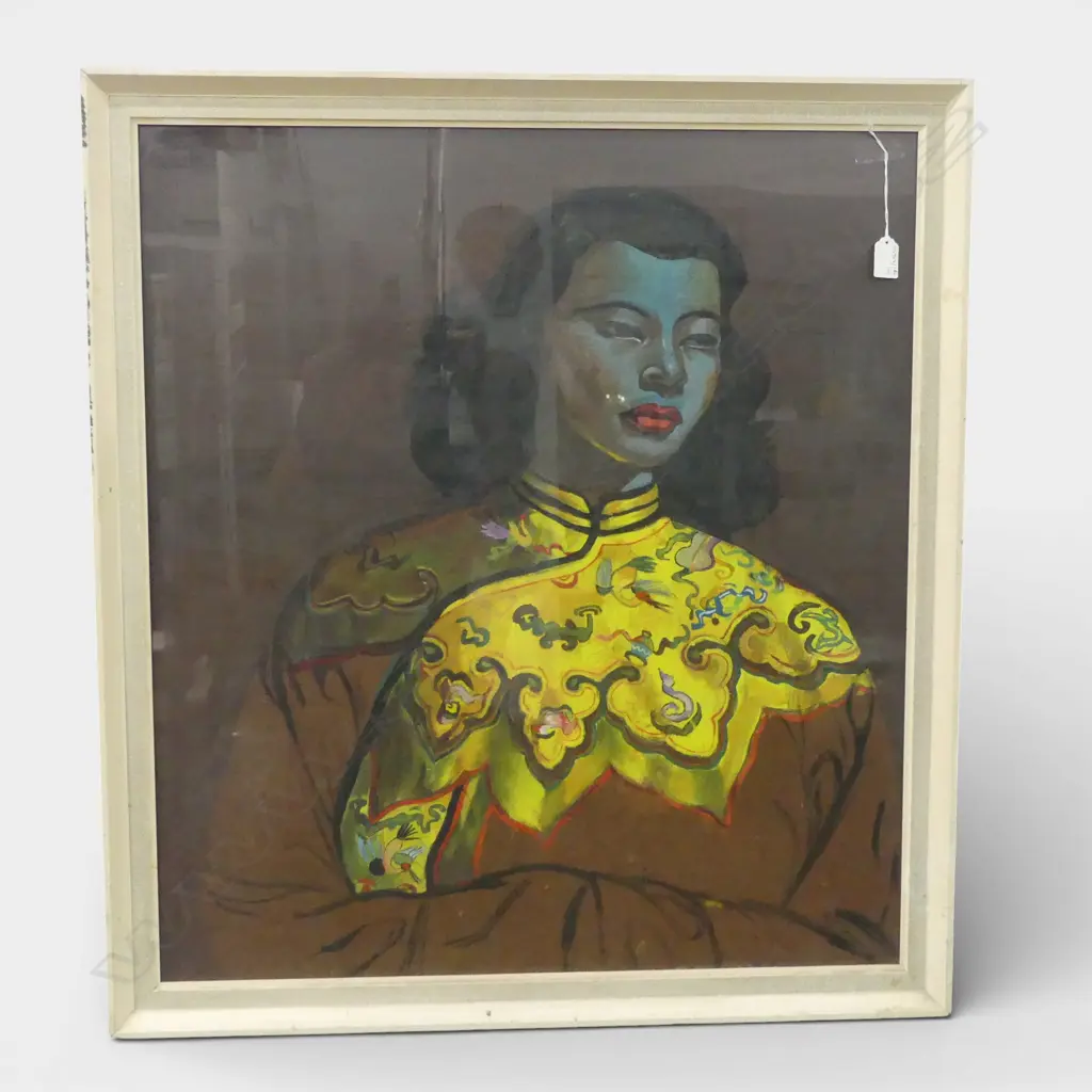 HAND PAINTED SIGNED RETRO GREEN LADY PAINTING H750 W650MM Image 1++