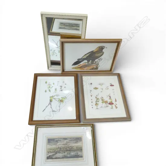 4 ARTWORKS (PR PRINTS, NEWCASTLE ENGRAVING, EAGLE WC) + MIRROR