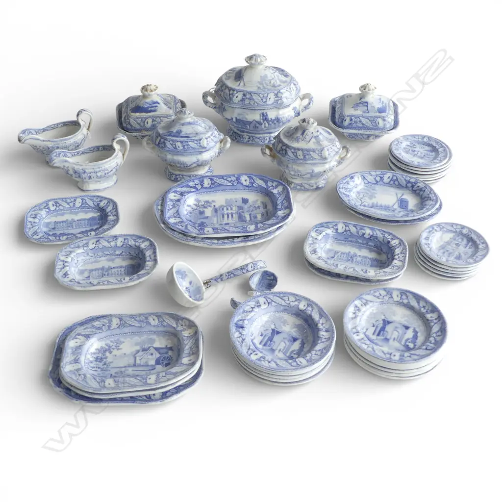 ANTIQUE MINTON CHINA FLOW BLUE & WHITE CHILDS DINNER SERVICE Image 1++