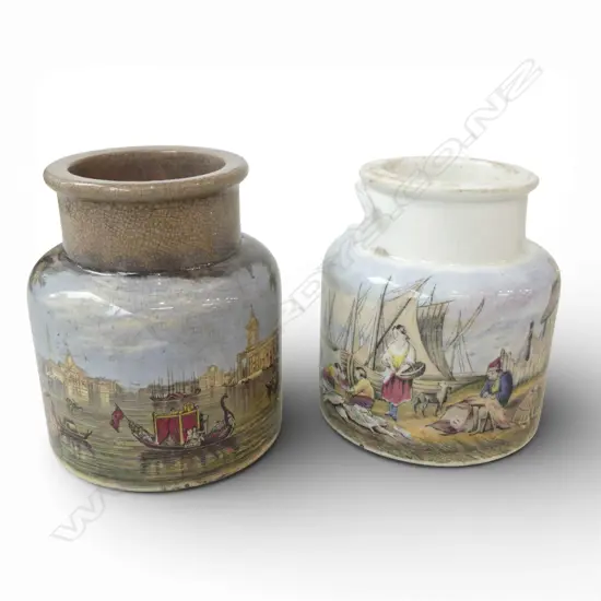 2 VICTORIAN PASTE POTS mending the nets & Venice H.80mm no lids