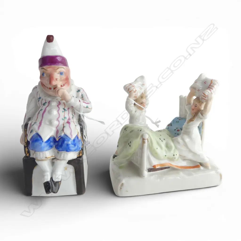 2 ANTIQUE BISQUE COMICAL FIGURES: seated Punch on chair box H.130mm + pillow fight fairing 'God Bless This House' Image 1++