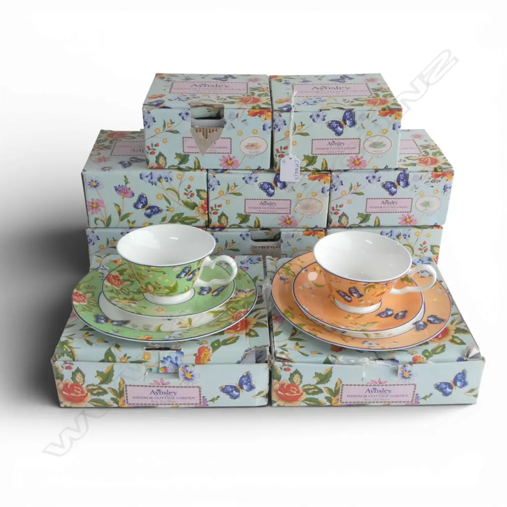 10 BOXES AYNSLEY 'WINDSOR COTTAGE GARDEN' CHINA; 8x C/S, 2x 4 TEA PLATES Image 1++