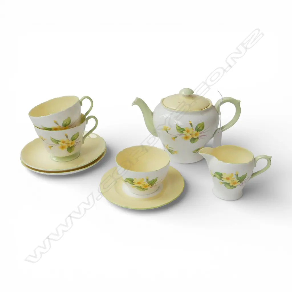 SHELLEY CHINA 3PC TEASET 2C/SS & SMALL SIDE PLATE YELLOW PRIMROSE PAT Image 1++