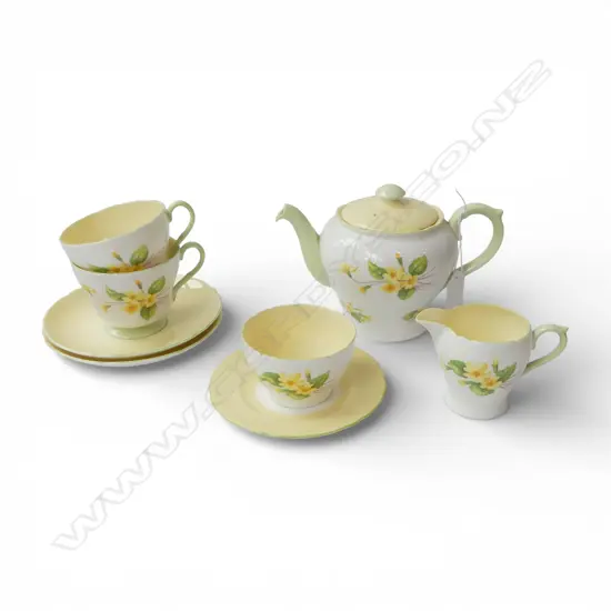 SHELLEY CHINA 3PC TEASET 2C/SS & SMALL SIDE PLATE YELLOW PRIMROSE PAT