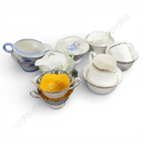 7 SHELLEY CHINA CREAM JUGS & MATCHING SUGAR BOWLS