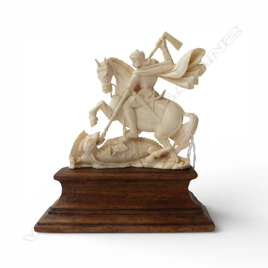 CARVED IVORY ST GEORGE & THE DRAGON on wooden stand H.145mm