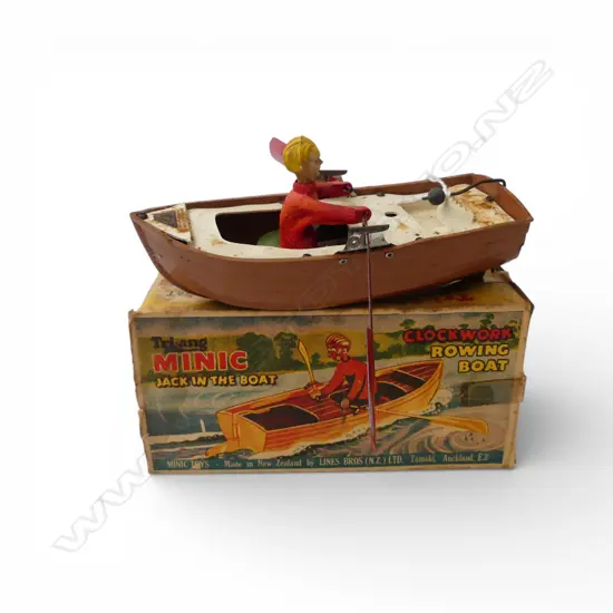 VINTAGE TRI-ANG 'JACK IN THE BOAT' CLOCKWORK ROWING BOAT original play worn box W.170mm