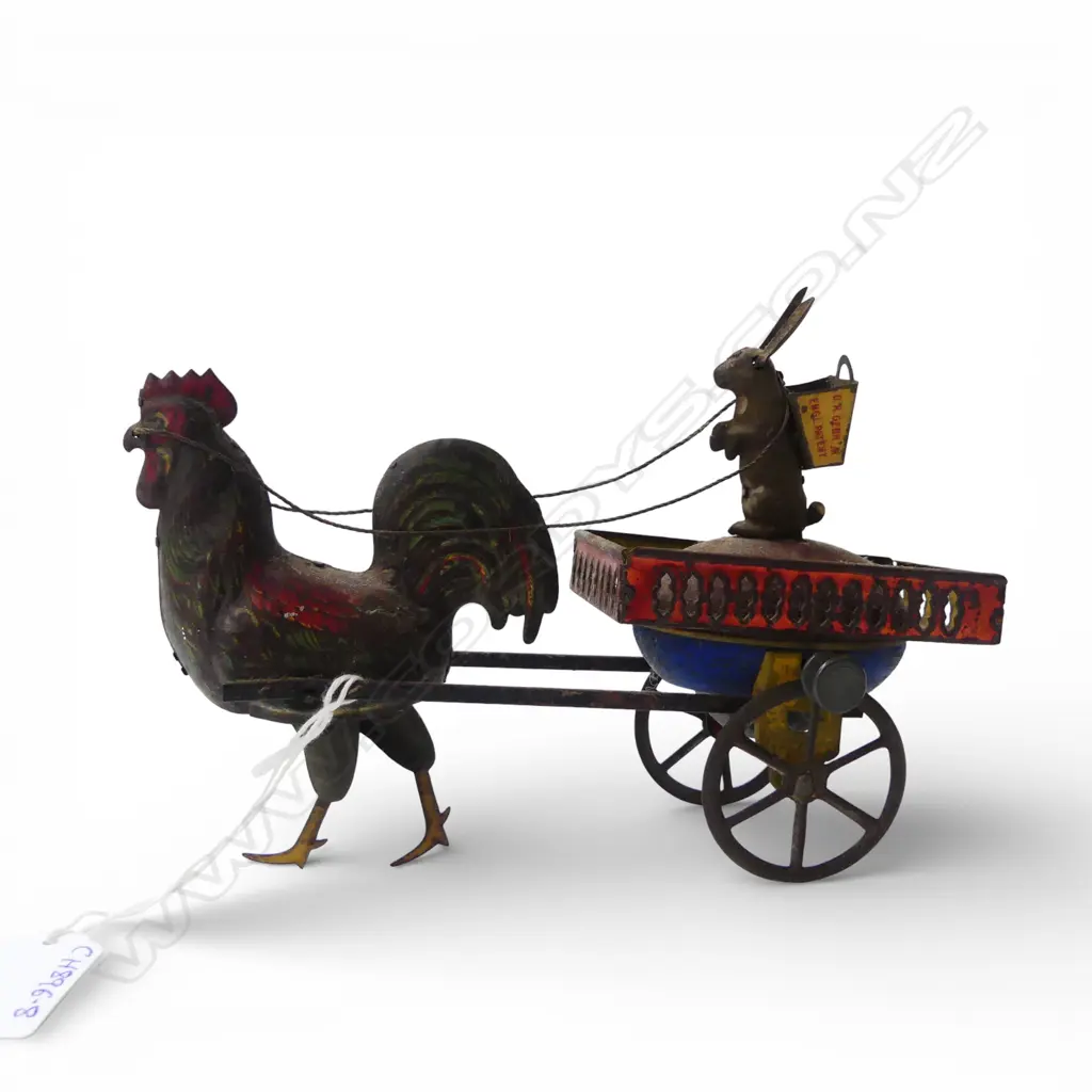 VINTAGE LEHMANN TIN PLATE FLYWHEEL DUO RABBIT & ROOSTER CART W.190mm Image 1++