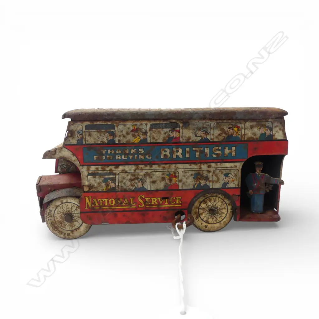 VINTAGE TINPLATE BRITISH NATIONAL SERVICE DOUBLE DECKER BUS W.180mm Image 1++