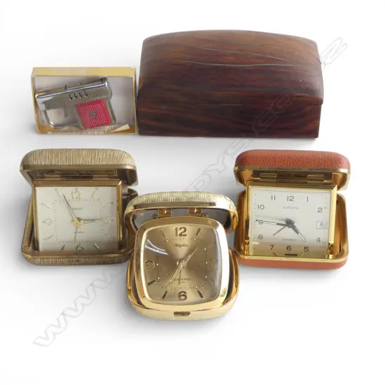 ASST. VINTAGE; 3 TRAVEL CLOCKS, WOODEN BOX & CORONA PISTOL LIGHTER