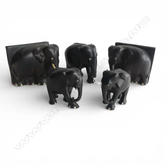 PR EBONY ELEPHANT BOOKENDS & 3 EBONY ELEPHANTS H100MM SOME TUSKS MISSING
