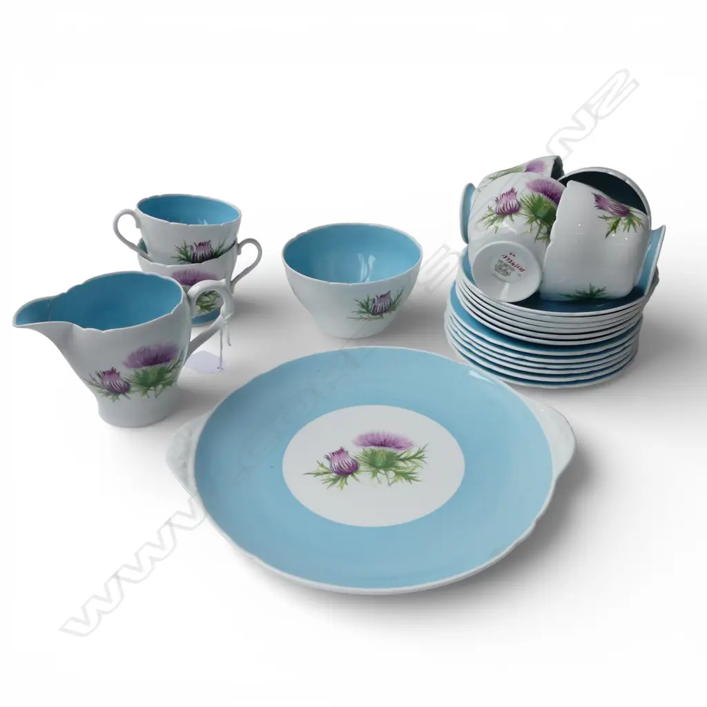 SHELLEY CHINA TEASET CAKE PLATE C/SUGAR 6CSPS SCOTCH THISTLE PAT Image 1++