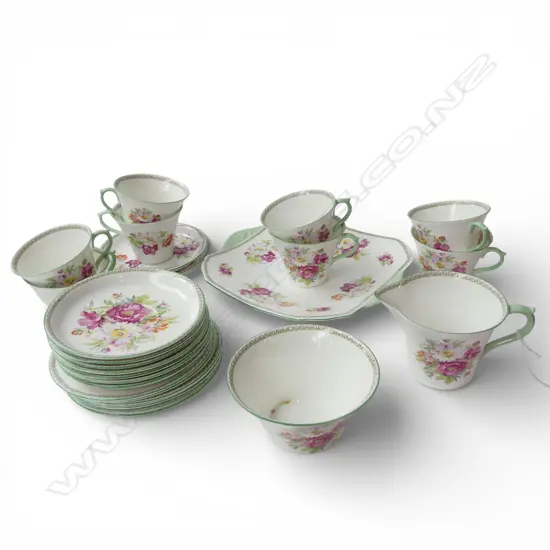 SHELLEY CHINA TEASET CAKE PLATE C/SUGAR 8CSPS SUMMER FLOWER PAT
