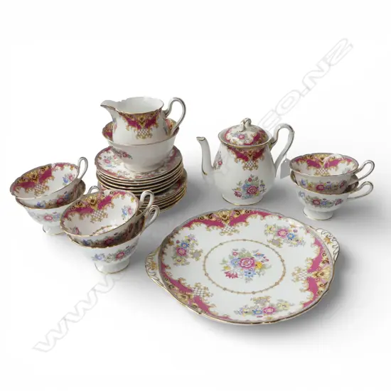 SHELLEY CHINA 3PC TEASET 6CSPS & CAKE PLATE PINK SHERETON PAT CHIP TO TEAPOT