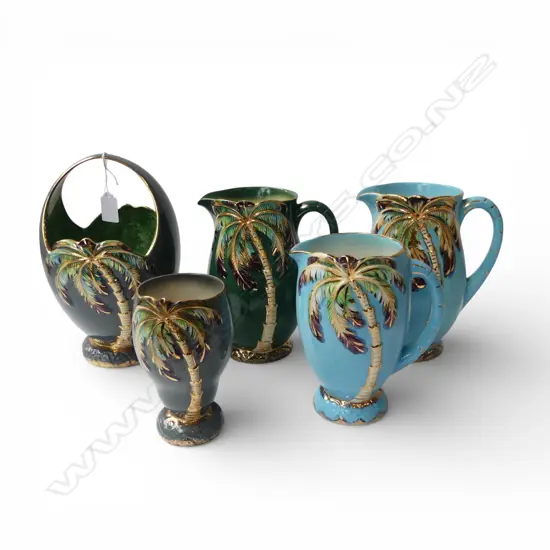 5 PCES BESWICK PALM TREE; 3 JUGS, VASE & BASKET VASE H.250mm