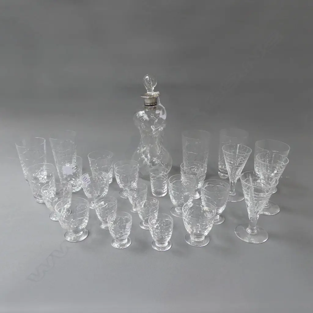 DECANTER w. STG SILVER (RIM FAULTED) H.230mm + ASST. CRYSTAL GLASSES Image 1++