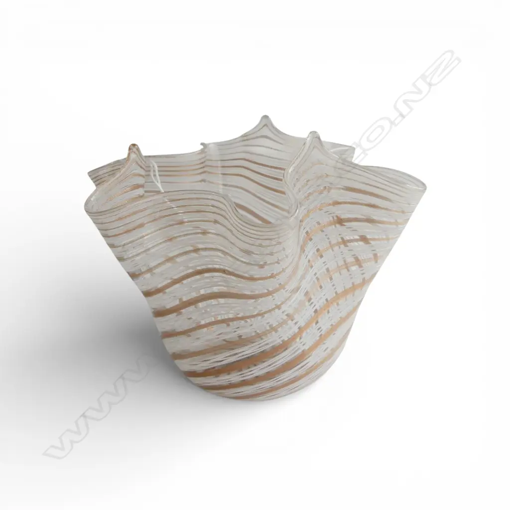 VINTAGE MURANO HANKERCHIEF GLASS VASE gold flecked & white striped bands. H.125mm Image 1++