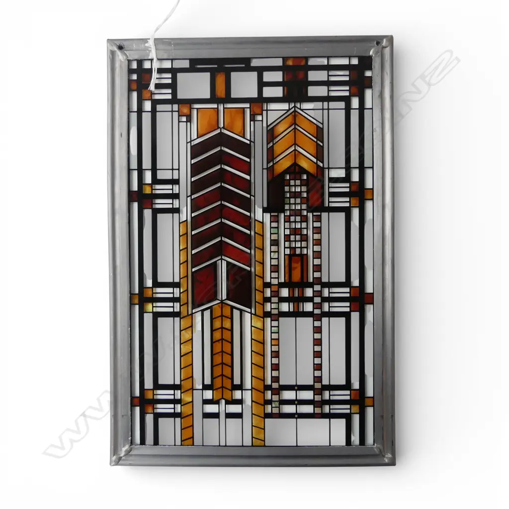 FRANK LLOYD WRIGHT INSPIRED ART GLASS PANEL plaque reading 'Certified by the Frank Lloyd Wright Foundation' 285x190mm Image 1++