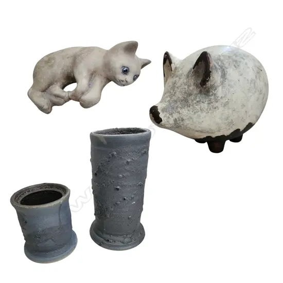 4 CERAMIC PCES; CONCRETE LAYING CAT, TERRA COTTA PIG AND TWO HANDMADE CERAMIC VASES