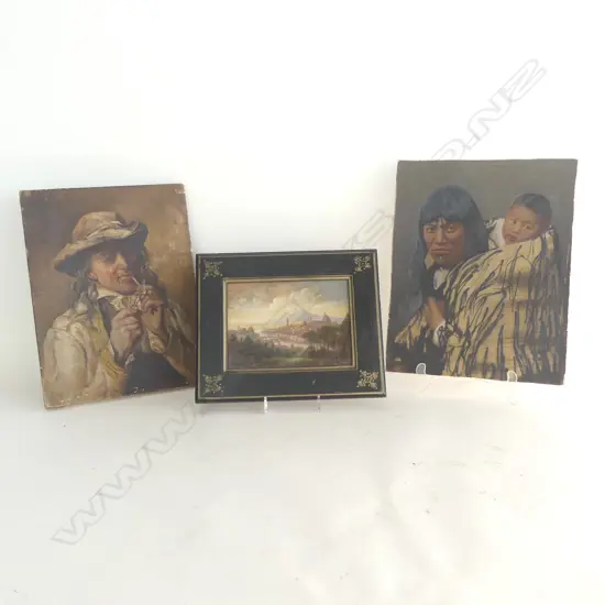 3 ANTIQUE PAINTINGS; WAHINE & TAMAITI, GENTLEMAN SMOKING, & FRAMED EUROPEAN SCENE 