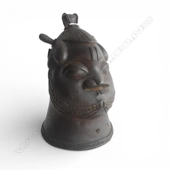 ANTIQUE AFRICAN BENIN BRONZE FACIAL TEMPLE BELL H210MM