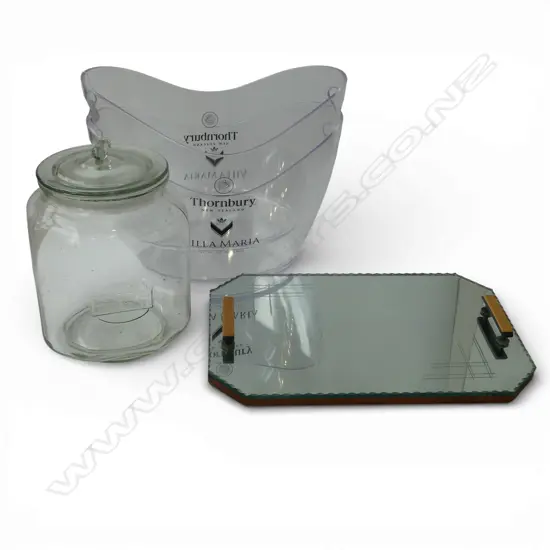 DECO GLASS TRAY W.460mm, 2 CHAMPAGNE BUCKETS, LG LIDDED GLASS JAR