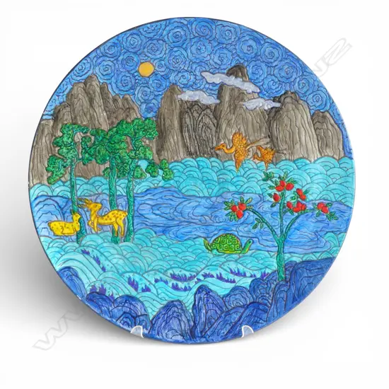 KEUM SUN LEE HANDPAINTED CHARGER of NATURE SCENE, Dia.370mm (unglazed not suitable for food) tiny frits to rim