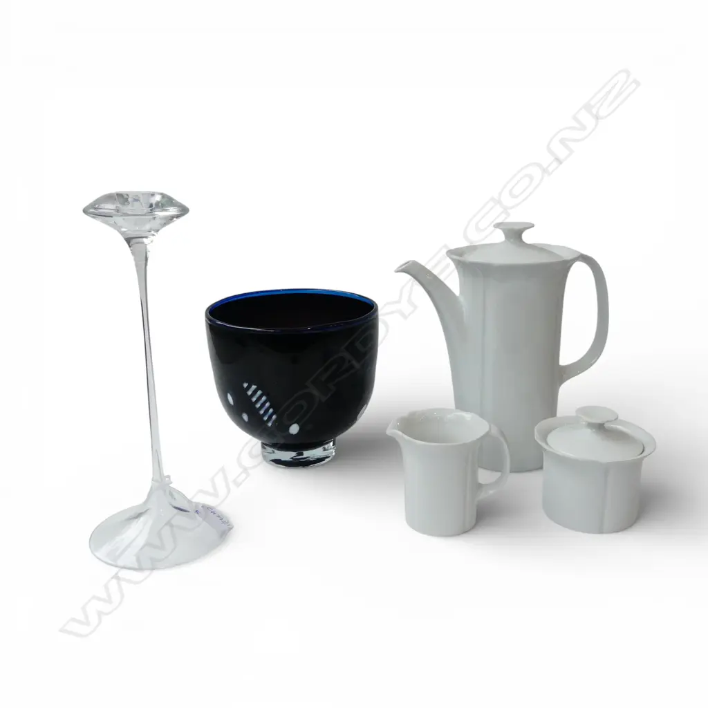 5 ITEMS; ARZBERG COFFEE POT, MILK & SUGAR, HOGLUND VASE H.155mm, BODA CRYSTAL CANDLESTICK H.275mm Image 1++
