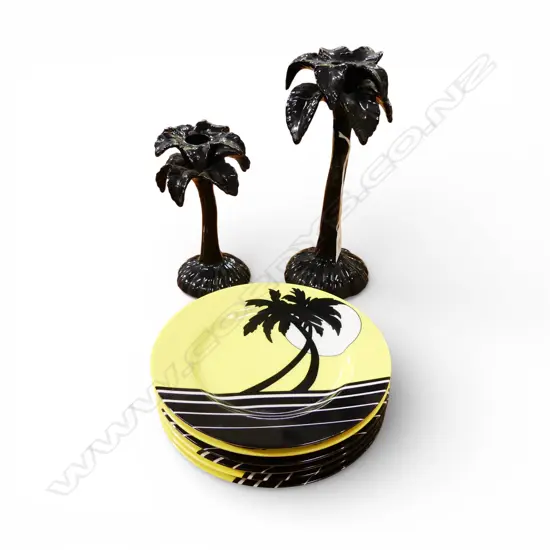 6 FITZ AND FLOYD 'PALM BEACH' PLATS + 2 CERAMIC PALM FORM CANDLE STICKS faults